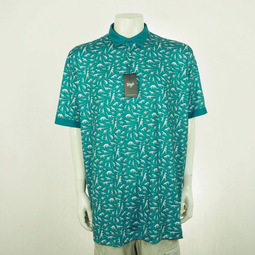 New Waggle Extinct Golf Polo Shirt Mens 3XL XXXL Teal Green AOP Dinosaurs Print